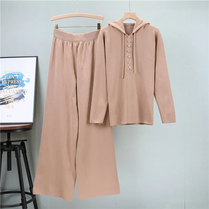 

Fashion Women Korean Version Loose Knit Hooded Top Casual High Waist Slimming Straight Leg Wide Leg Pants Two-piece Set Wh8
