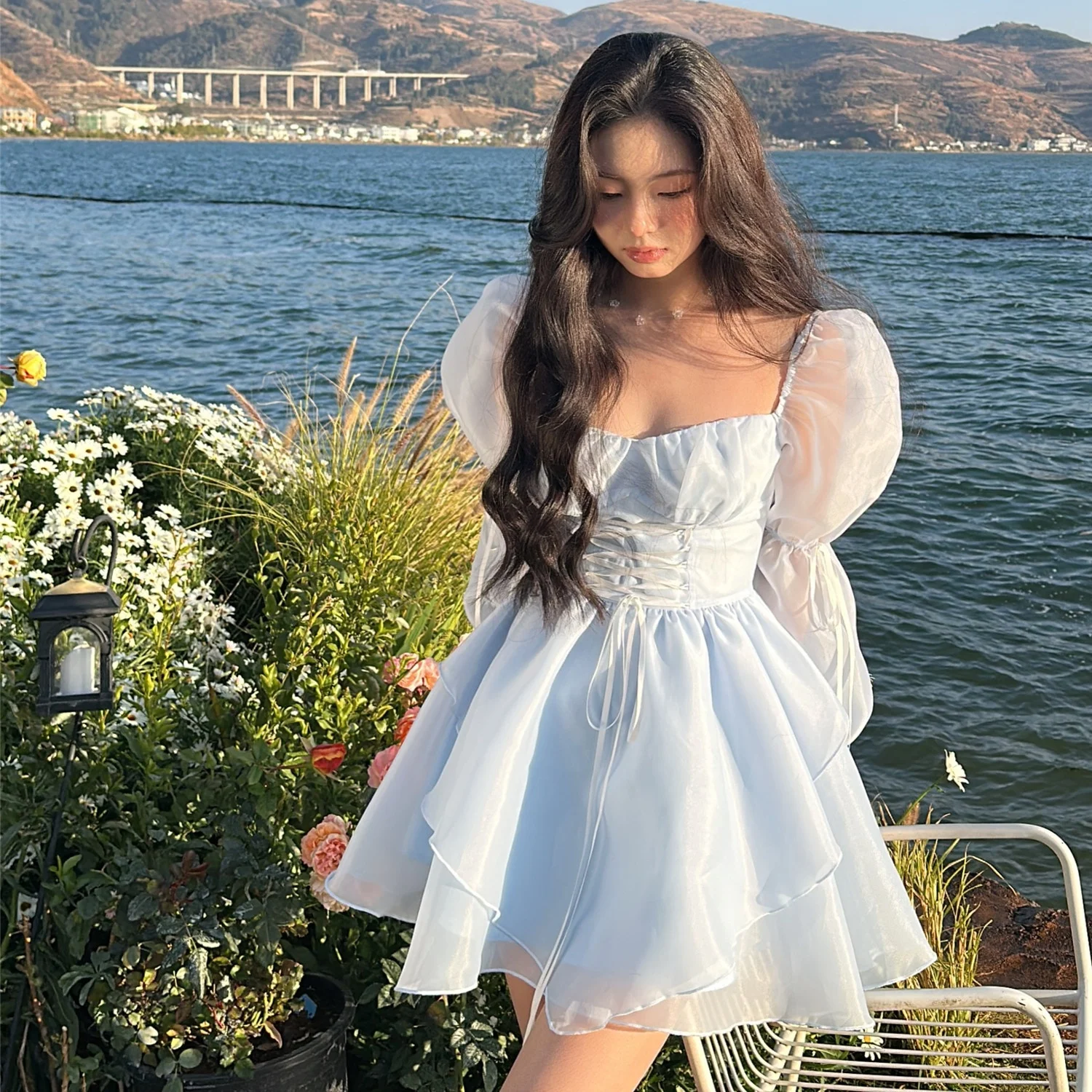 

Light Blue Sweet Kawaii Mini Dress Korea Elegant Fashion Dress Womens Fairy Princess Sleeves Chic Summer 2023 One Piece Dress