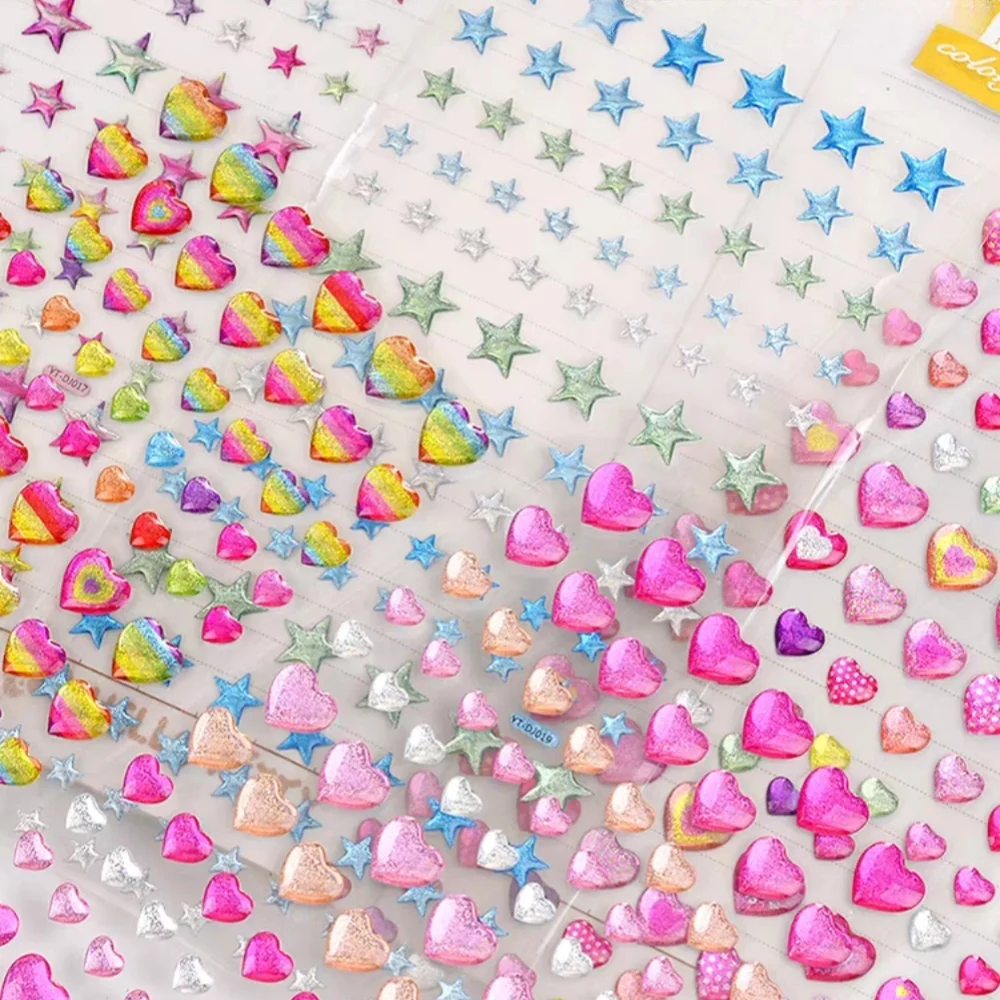 

4 pcs Radnom Colorful Glittering Hearts Stars Crystal Drop 3D Stickers Scrapbooking Diy Journal Stationery Sticker Decor Gift