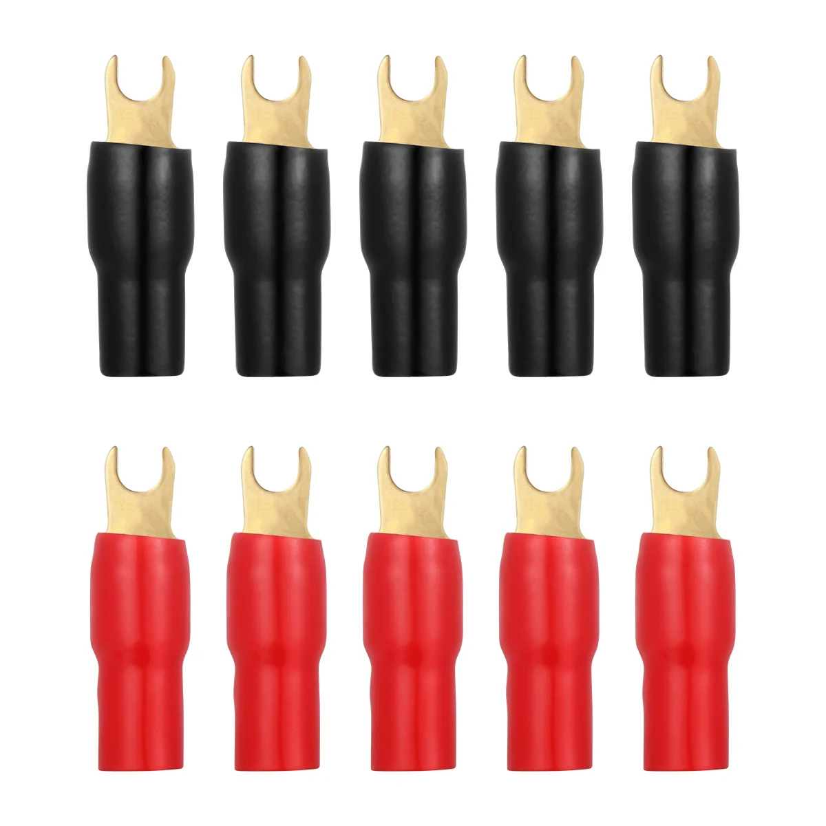 

5Pairs Gold Plated Crimp Terminals Connectors 4 Gauge Spade Fork Red Black Audio Cable Adapters High Tensile Strength