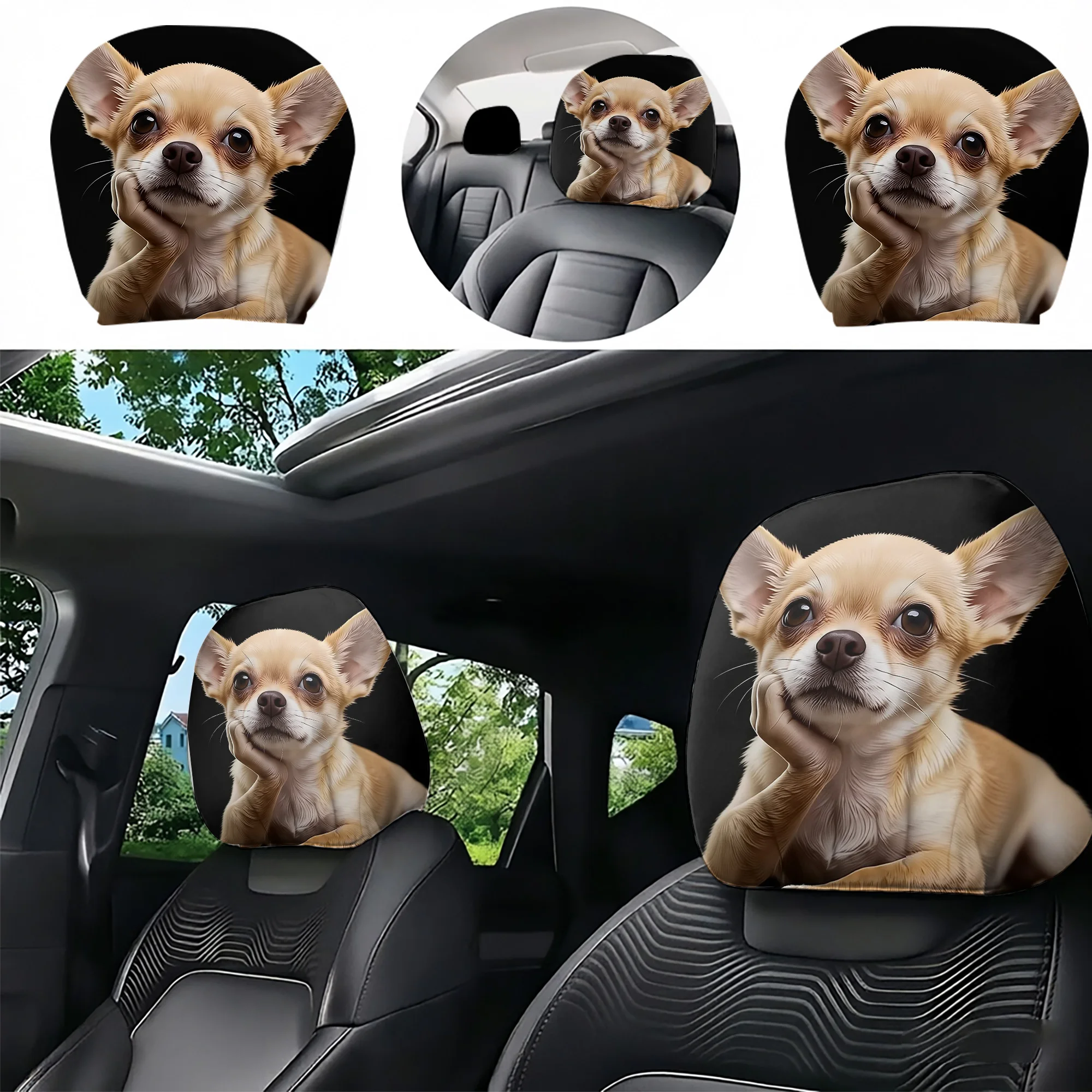 2pcs cute Chihuahua car headrest covers to add a charming touch to your car interior. Does not include stuffing. Easy to install