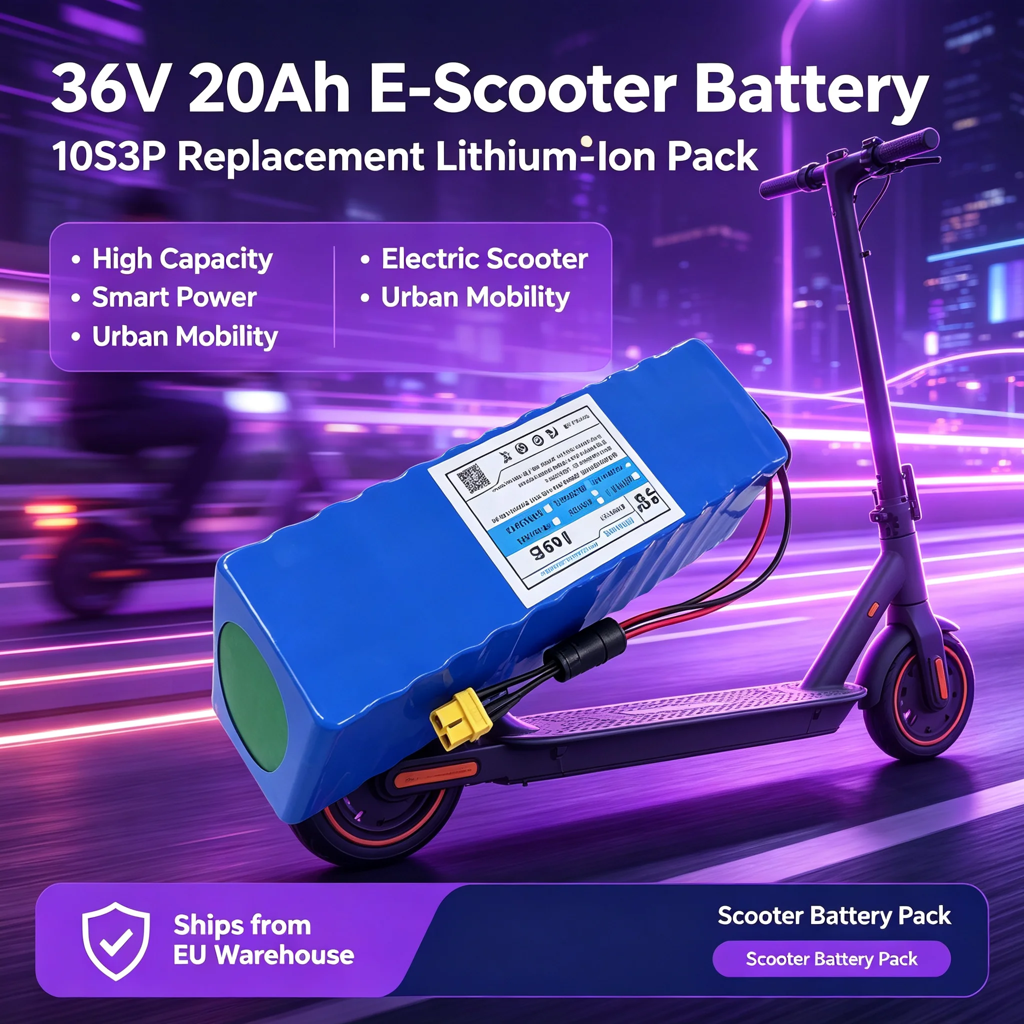 EU-Lager 36V 20Ah 10S3P XT60-DC Ersatz-Lithium-Ionen-Akku, Ersatzstromversorgung für Elektroroller, für den städtischen Pendelverkehr, den täglichen Gebrauch und für Fahrten über kurze Strecken.