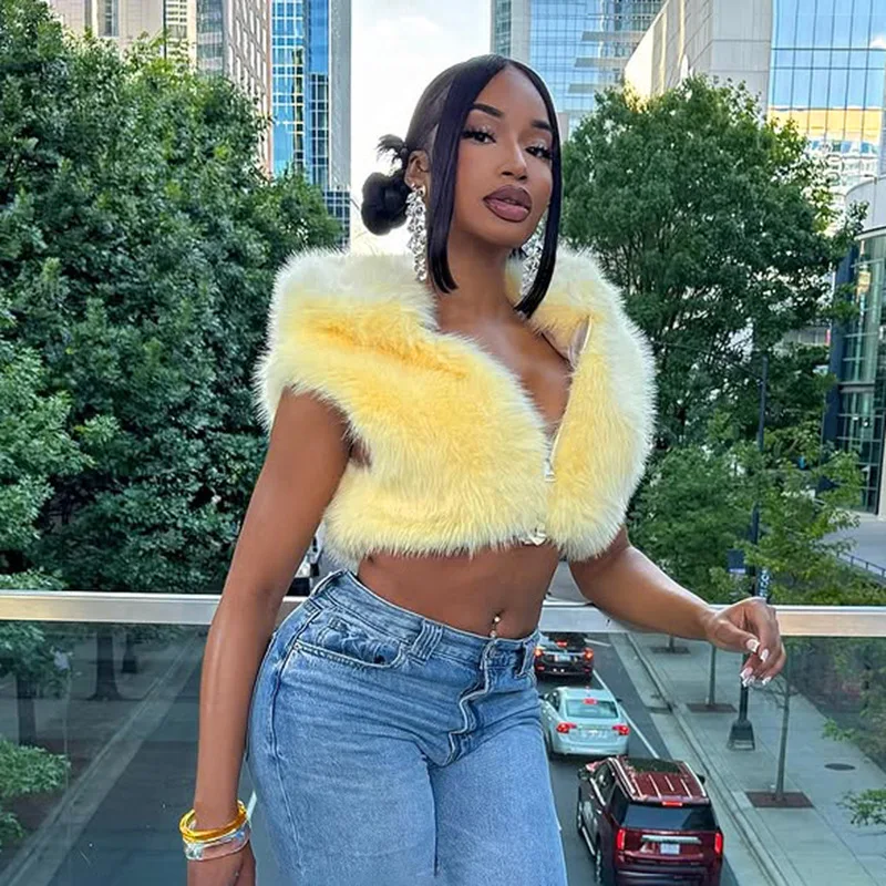 

STYLISH LADY Faux Fur Zipper Jackets 2025 Autumn Women Sleeveless Hooded Solid Casual Club Street Cropped Jacket Outwear