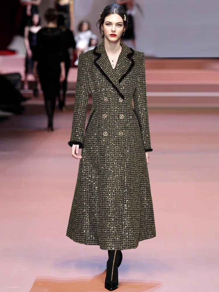 Meyyithun High Quality Women's Elegant Streetwear Coat Notched Long-Sleeved Double Breasted Sequins Pretty Overcoat 250306MZ01