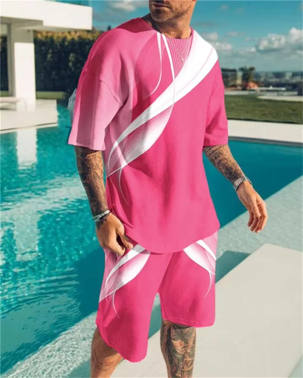 Gradient printing Mens Fashion Tracksuit Set Shorts Summer 2 Piece Outfit Suit Casual Short Sleeve Clothing Tshirt Jogging Set