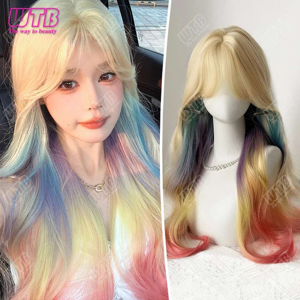 

Синтетический градиентный Радужный парик, женский длинный вьющийся парик Лолиты с большой волной, подходит для Хэллоуина, парик для косплея