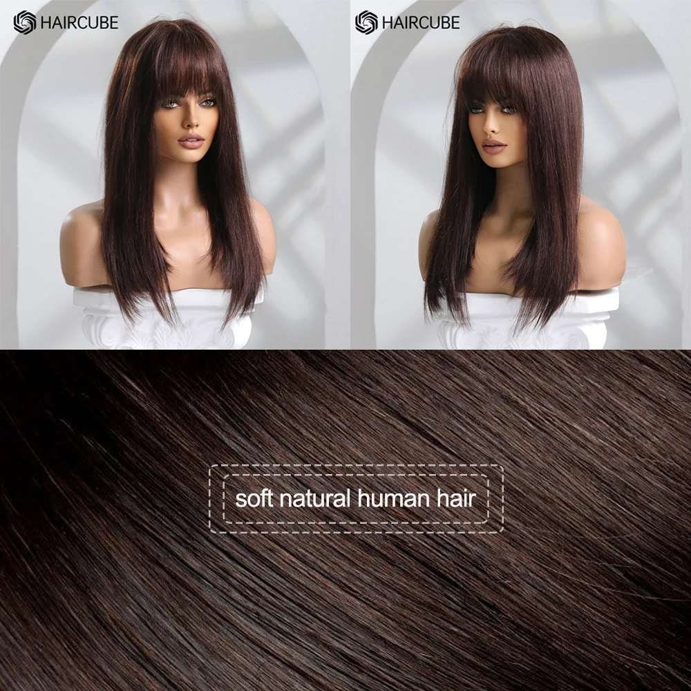 HAIRCUBE Straight Human Hair Wig with Bangs for White Women Long Brown Wigs Fringe Bob Real Hair Wig Glueless Machine Made Wigs