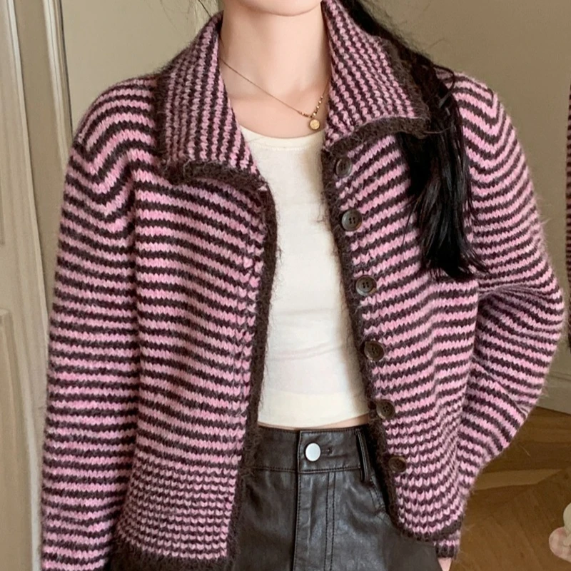 

Осень-зима, винтажные полосатые женские кардиганы, свитера с длинным рукавом, однобортные корейские вязаные свитера, женские