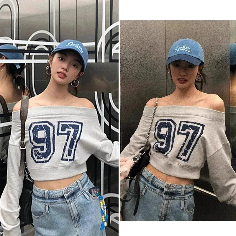 

Gray One-Shoulder Digital Sweatshirt Women's Spring Korean Version Slant Shoulder Short Top Ladies Fashion Sweet Style Long S...