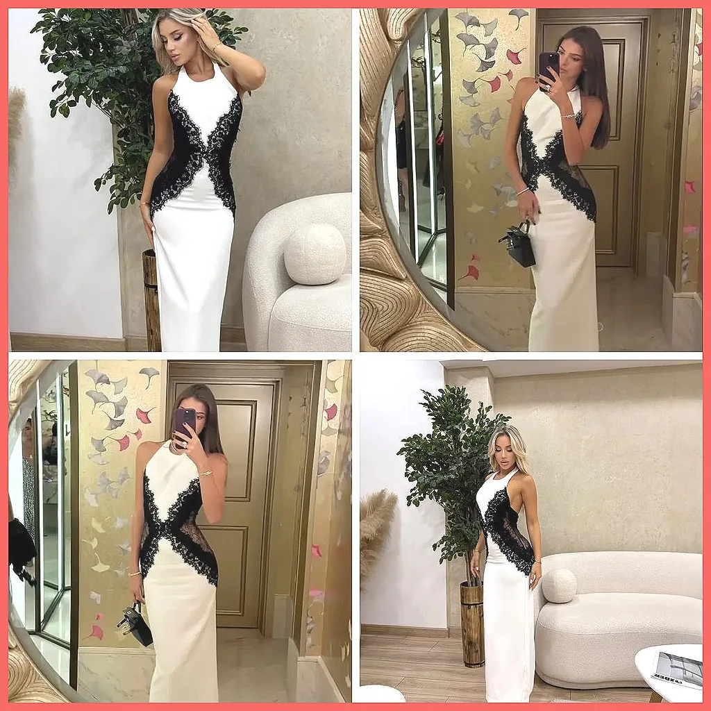 

Sexy Backless Halter Dress for Women, Lace Patchwork Bodycon Long Evening Party Gown