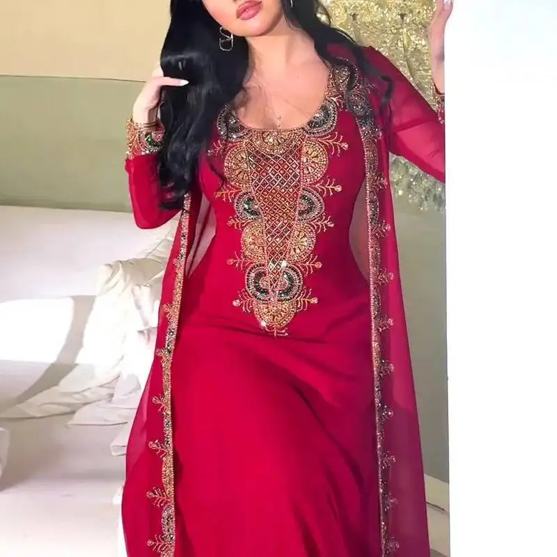 Robe de bal rouge style bohémien pour femmes, col en U, droite, élégante et magnifique, robes de soirée perlées avec Cardigan Long