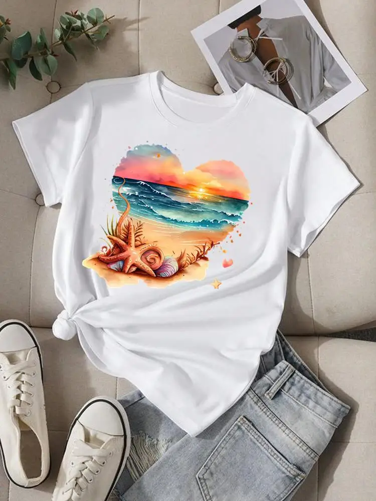 Watercolor Beach Trend Travel Cartoon Fashion Women Tshirt Graphic T-shirts Printing Clothing Print Short Sleeve Top Tee