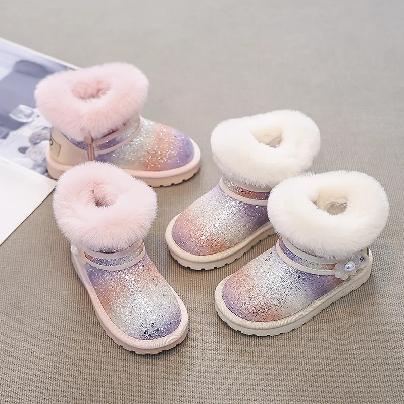 

Зимние сапоги для девочек, новинка зимы 2024, модная плюшевая толстая теплая детская хлопковая обувь, теплые и удобные ботинки принцессы, размеры 26–36 лет