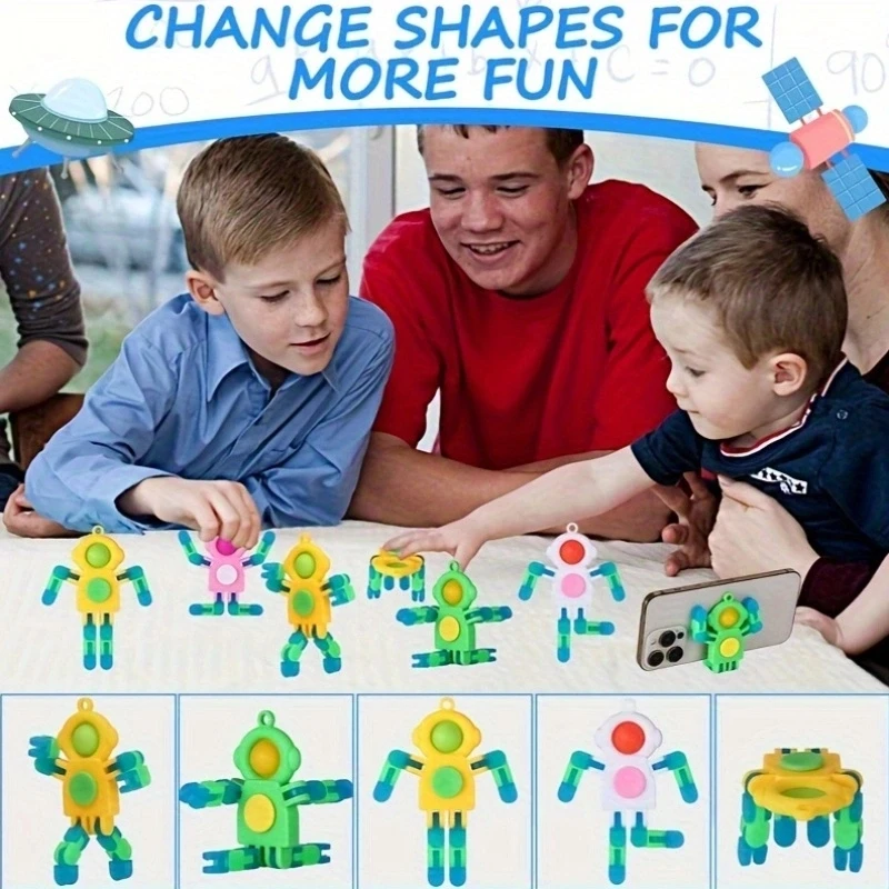 Chaveiros de giradores de inquietação de pessoas de desenhos animados que mudam de forma, giradores robóticos, presentes de festa de Natal, prêmios de sala de aula