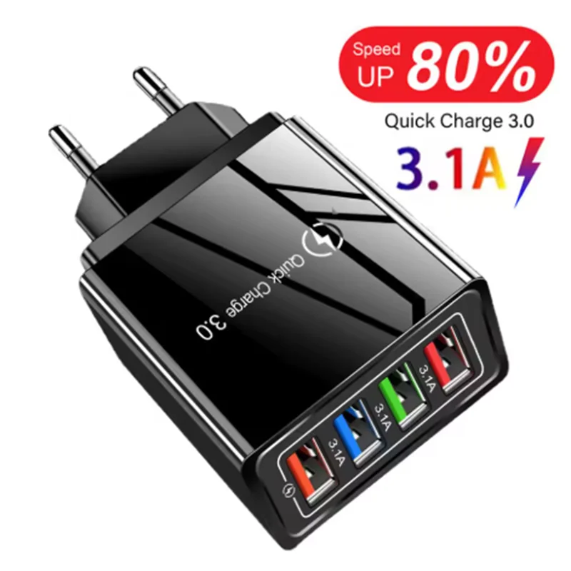 4 Ports USB Quick Charger EU Plug Phones Charger USB C Wall Charger Adapter For iPhone Huawei Samsung Xiaomi POCO Oneplus Realme