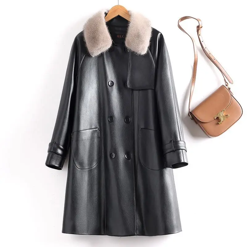 Winter New Long Style Leather Coat Women's Warm Puffer Trench Loose Casual Elegant Versatile Trendy Parka Down Jacket