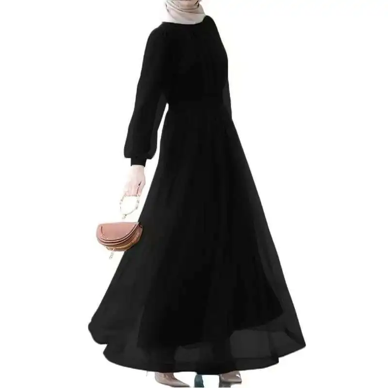 2025 New Muslim Long Sleeved Fashionable Casual Mesh Double Layered Pleated Elegant Dress Ramadan Dubai Luxury Islam Elegant