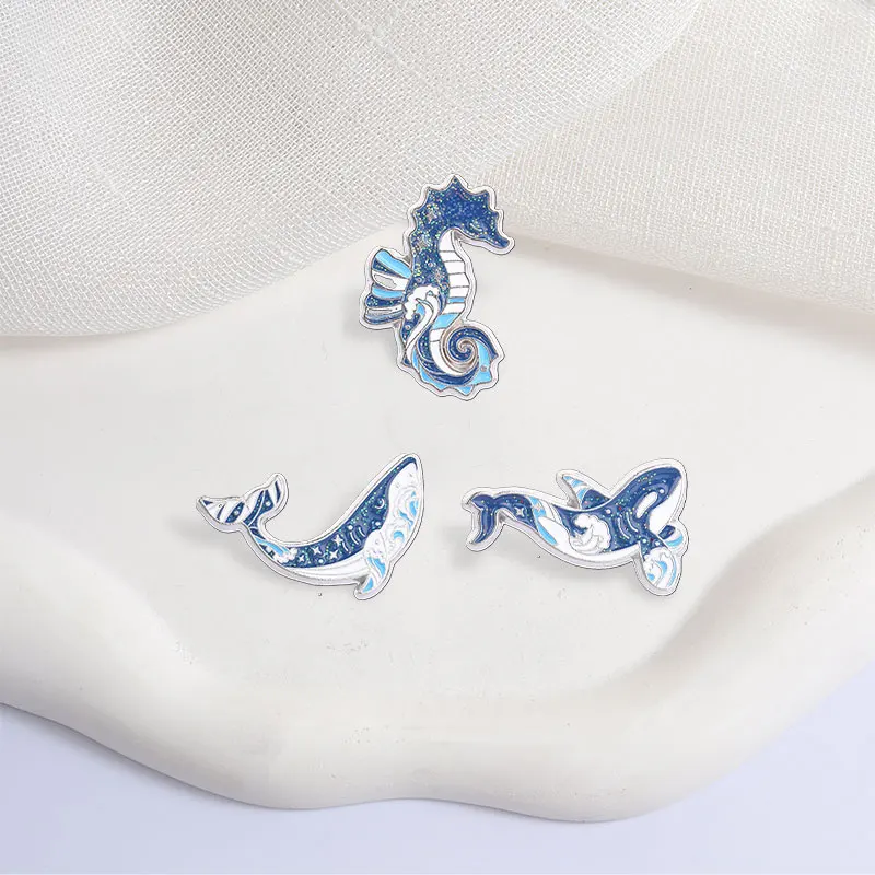 Cartoon Seahorse Dolphin Whale Enamel Pins Cute Ocean Creature Metal Brooches Fashion Lapel Badge Backpack Clothes Jewelry Gift