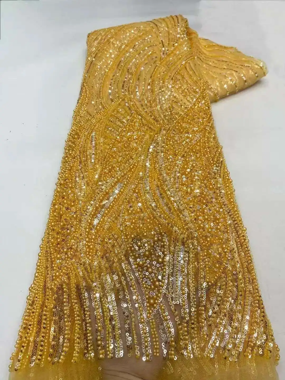 

Sequin Beaded Lace Fabric High Quality For Wedding Dresses Net Bridal Handmade Luxury Crystal Beads African Sequined Tulle