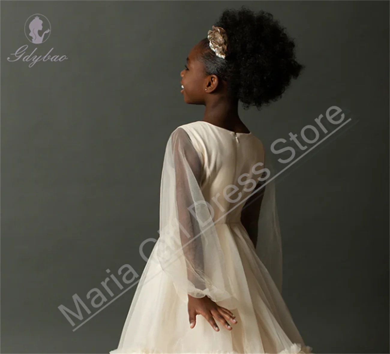 Elegant Sheer Long Sleeve Champagne Flower Girl Dress Fluffy Communion Suitable For Children's Birthday Party Dresses