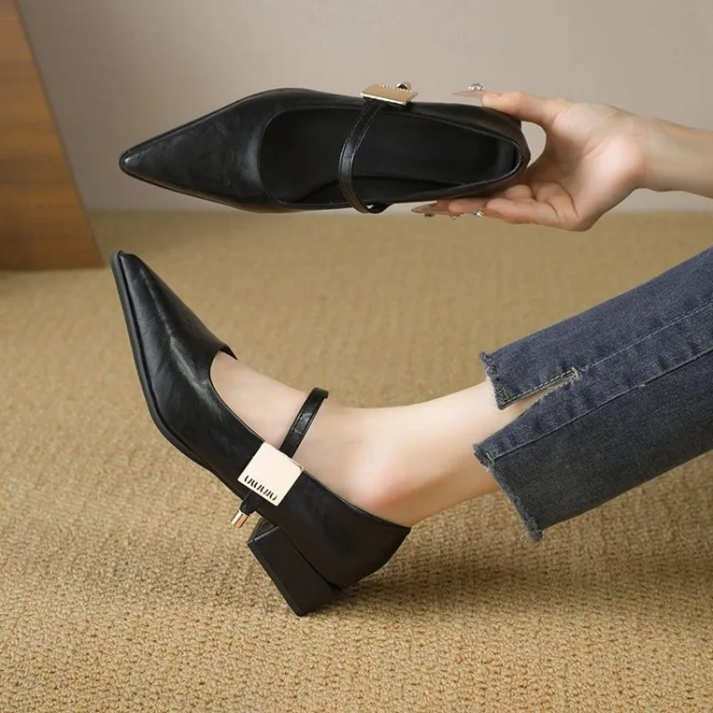 2025 ريترو ستايل كعب سميك أحذية النساء موضة أشار تو أحذية السيدات الراحة الأحذية النساء أنيقة حذا فردي للسيدات #6