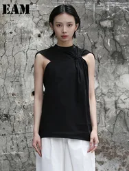 [EAM] Women Black White Brief Knot Pleated Casual T-shirt New Round Neck Sleeveless Fashion Tide Spring Summer 2024 1DF7979