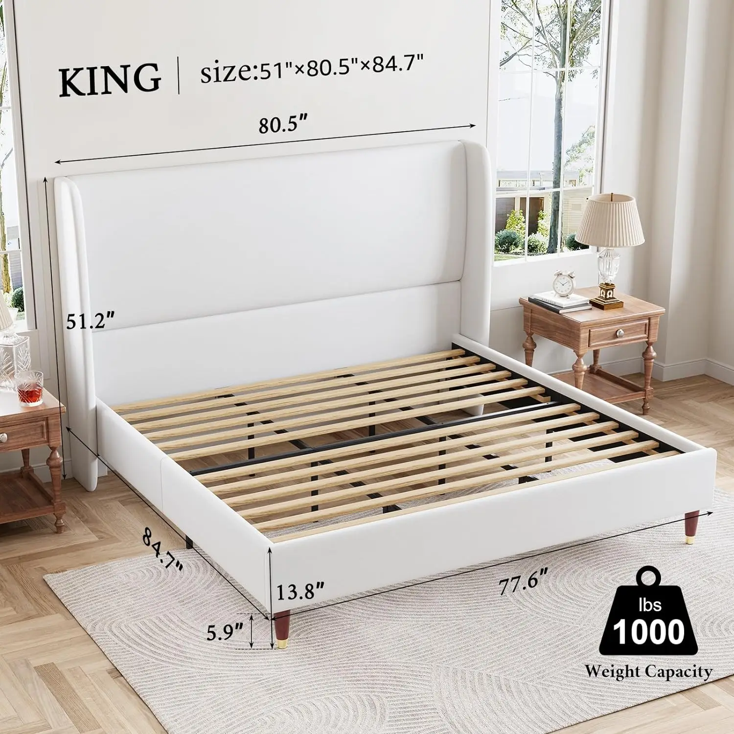 New King Bed Frame Upholstered Bed Frame and Wingback Headboard/Wood Slat Support/No Box Spring Needed/Easy Assembly/White