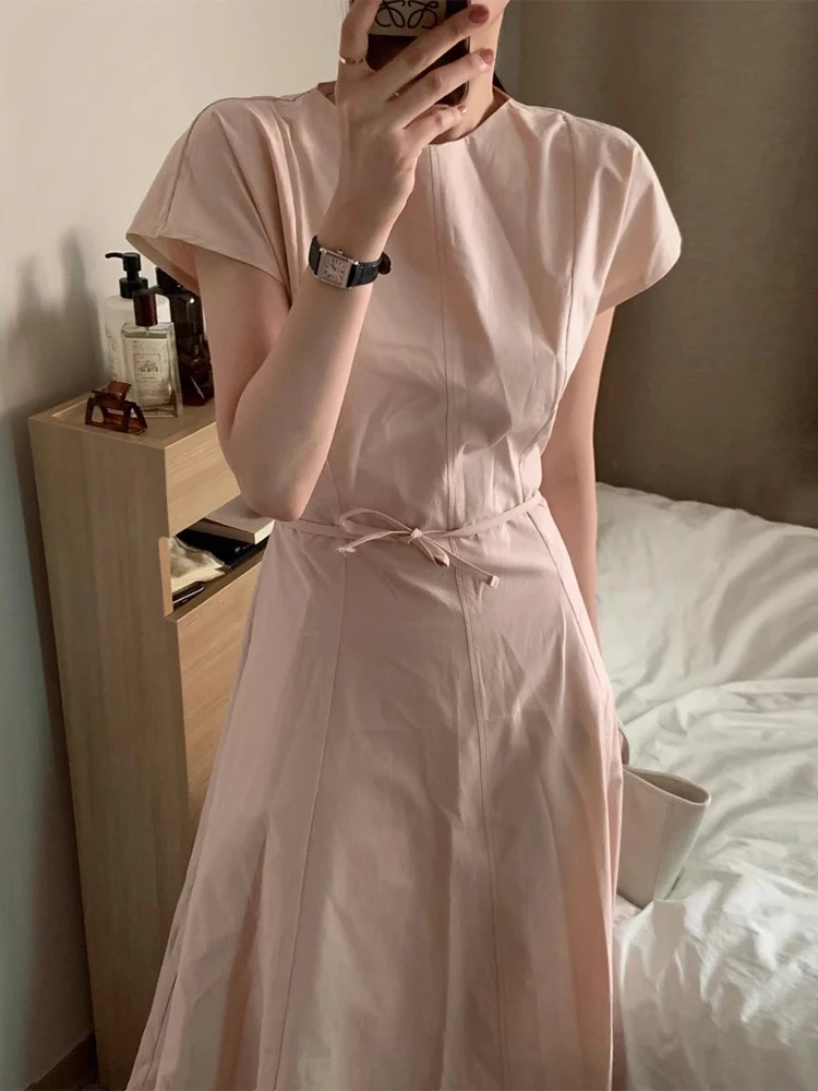 우아한 라운드 넥 묶인 허리 슬리밍 긴 a 라인 솔리드 컬러 드레스 여성 여름 연령 감소 슬림 피트 반팔 Best5 우아한 라운드 넥 묶인 허리 슬리밍 긴 a 라인 솔리드 컬러 드레스 여성 여름 연령 감소 슬림 피트 반팔 Best5