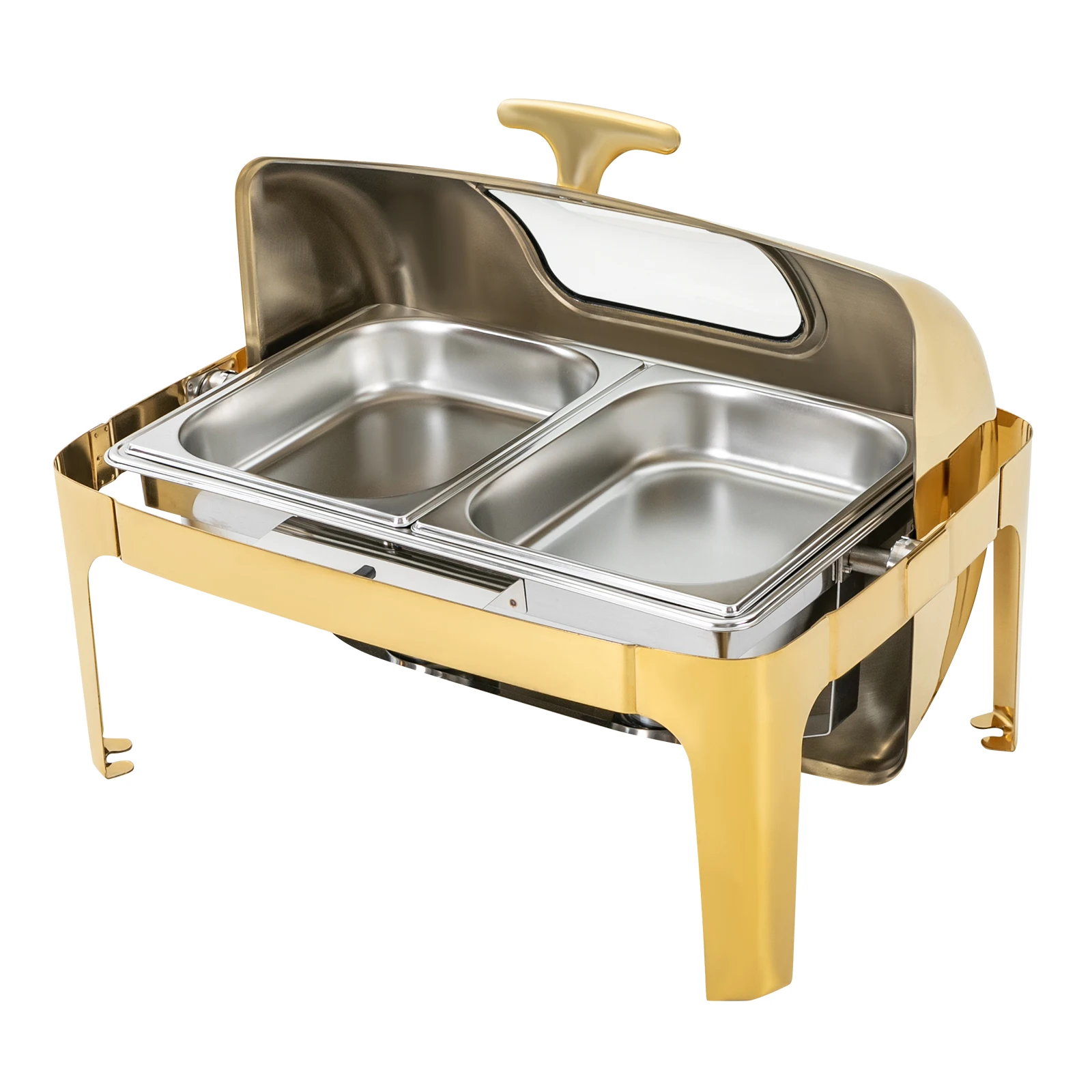 Gold Chafing Dish 9L Double Pan, Stainless Steel Buffet Server With Glass Lid & 180° Roll Top, 2 Food Pans for Party Banquet Wedding Catering