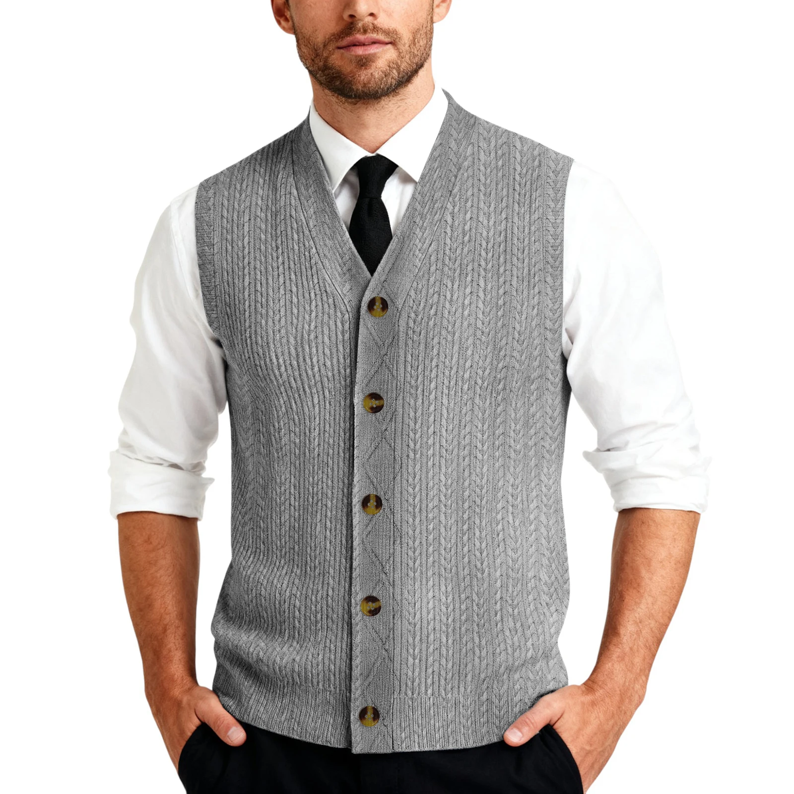 

Men'S Sleeveless Knit Cardigan Vest V Neck New Autumn Male Vest Sweater Warm Knitted Business Button Coat Men'S Casual Vest