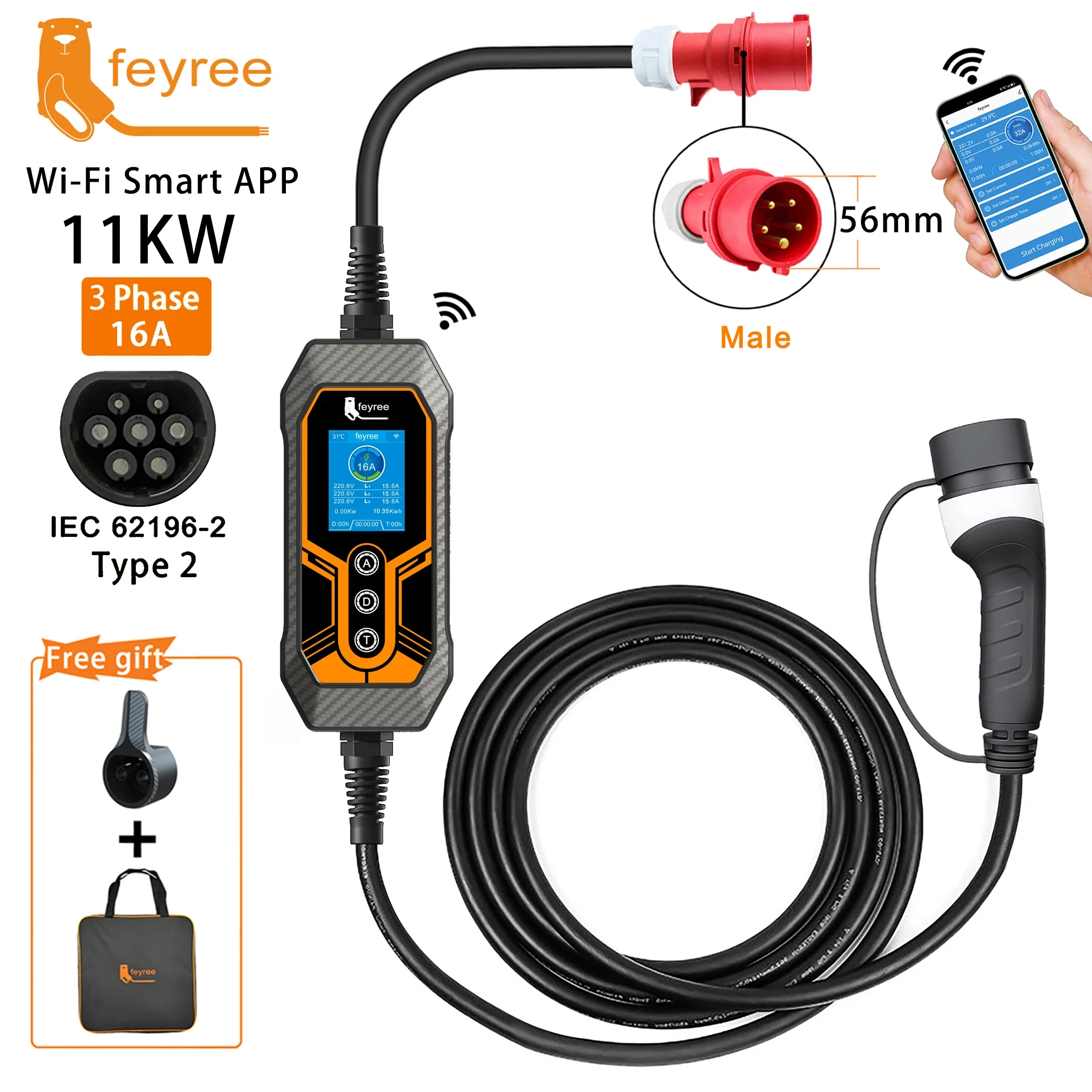 feyree Type 2 Przenośna ładowarka EV 11KW 16A 3-fazowa aplikacja Wi-Fi Wersja Bluetooth Kabel ładujący EVSE Wtyczka 5m CEE do samochodu elektrycznego