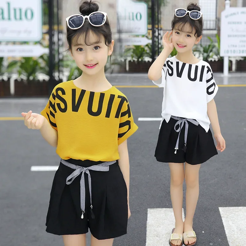 Kids Clothes for Girls Summer Short Sleeve Outfits Irregular Tops + Shorts Teen Girl Clothing Sets School Children\'s Costume