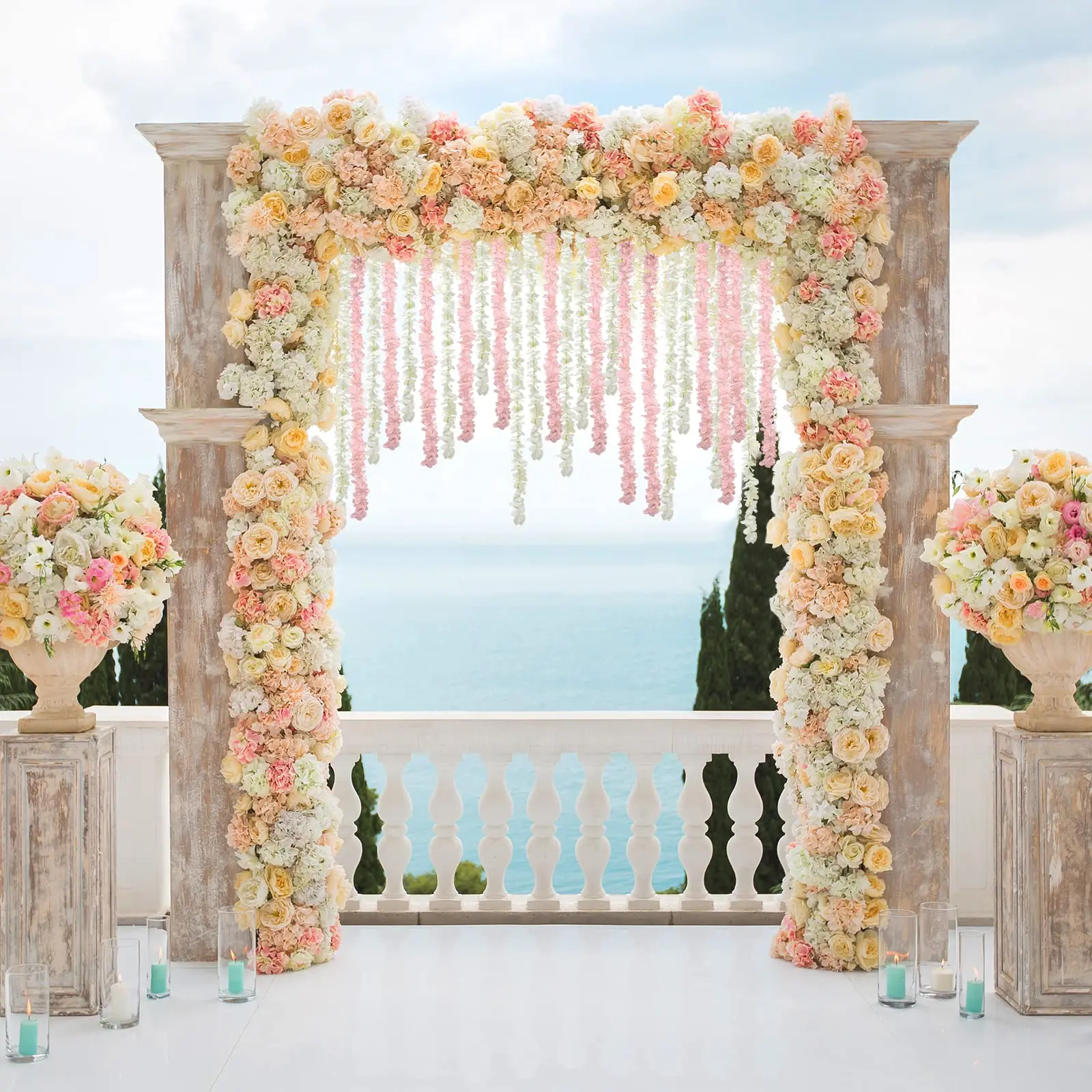 5 قطع من الزهور الاصطناعية المعلقة من الحرير الوستارية الكرمة إكليل للمنزل وحفلات الزفاف والحديقة لتزيين الجدران في الهواء الطلق زهرة وهمية