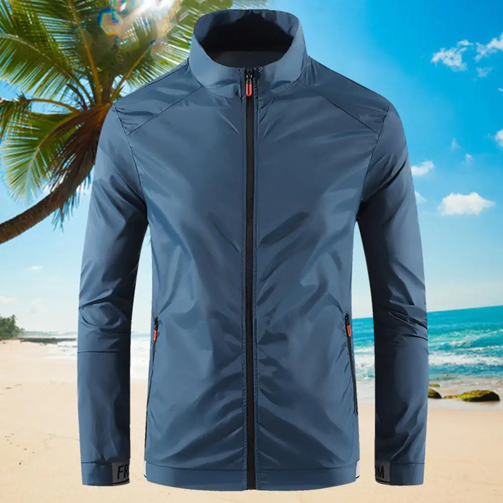 Men Outdoor Jacket Stand Collar Zip Breathable Pocket Ultrathin Sportswear Anti UV Plus Size Camping Sun Clothing