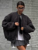 ZBZA Women Quilted Warm Loose Bomber Jacket Coat Stand Collar Solid Vintage Zip Button Pocket Spliced Outerwear Winter Chic Coat