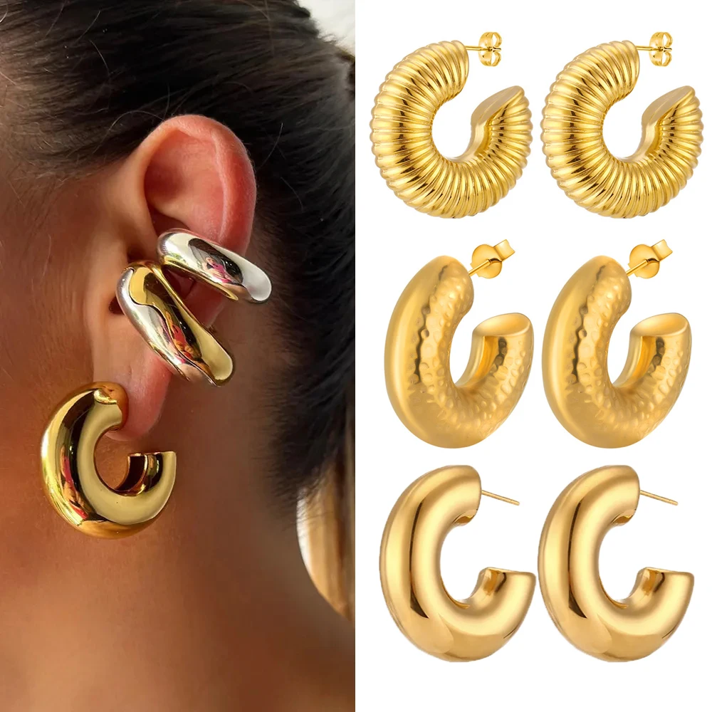 Punk Gold Plated Round Chunky Hoop Earrings for Women Stainless Steel Circle Earrings Fashion Jewelry Lightweight Thick Hoops