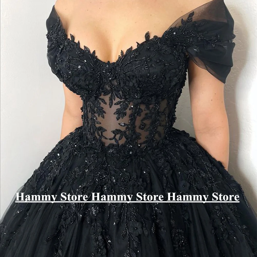 Women Gothic Wedding Dress Customized Off The Shoulder V Neck Beading Sequin Applique Swee Train Corset Black Bridal Gown