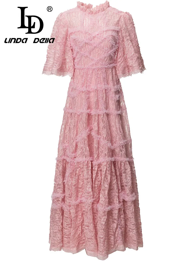 

LD LINDA DELLA 2024 Summer Fashion Runway Women Dress Mesh Hollow Out Stand Neck Sequin Solid Color Chiffon Party Midi Dress