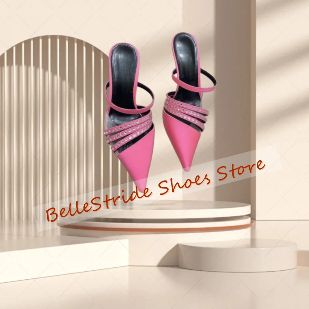 

Pink Pointed Toe Crystal Slippers Matte Leather Women Shoes Stilettos High Heels Party Banquet Dating 2025 Zapatos Para Mujere