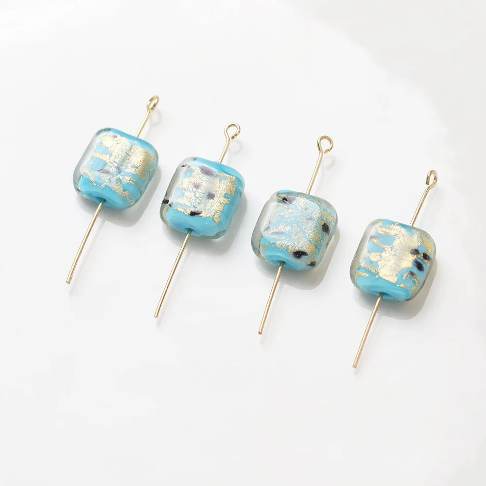 4PCS Rectangular Glass Gold Foil Beads Septal Bead Charms for Jewelry Making Pendant DIY Handmade Accessories 13*14mm