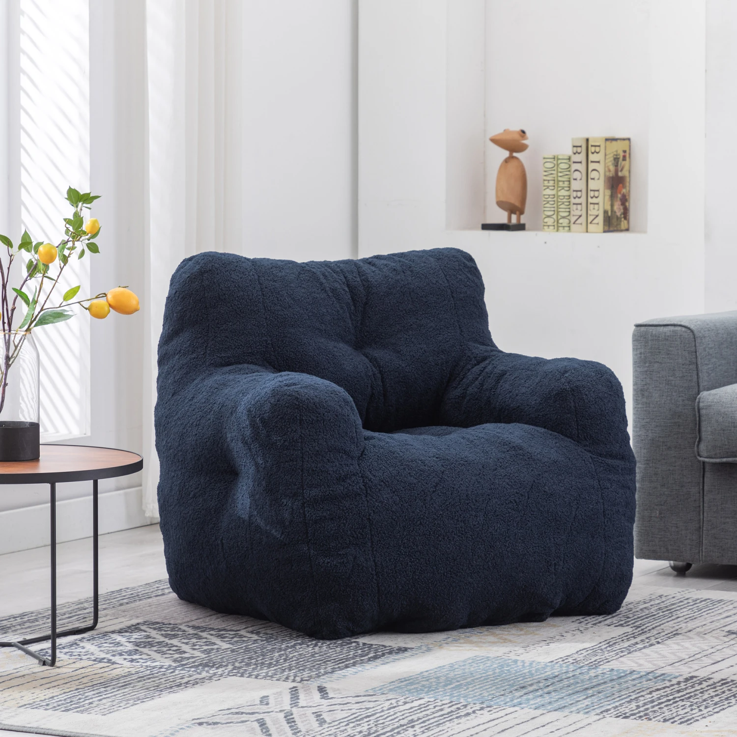 Soft Teddy Fabric Foam Bean Bag Chair Dark Blue