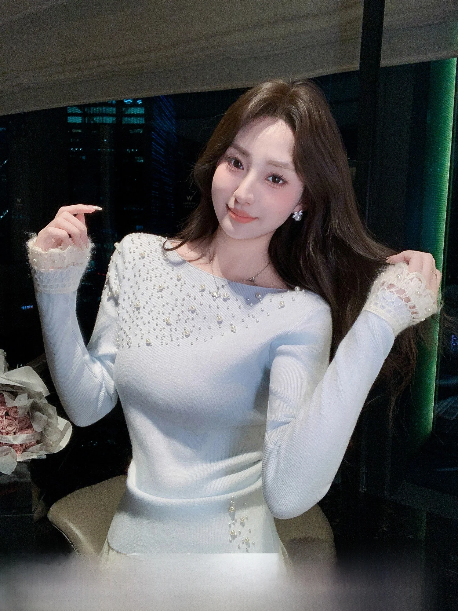 

Вязаный свитер с жемчугом Ele Pearl, женский, осенне-зимний, новый, стильный, красивый, уникальный топ от Чжан Синьюя