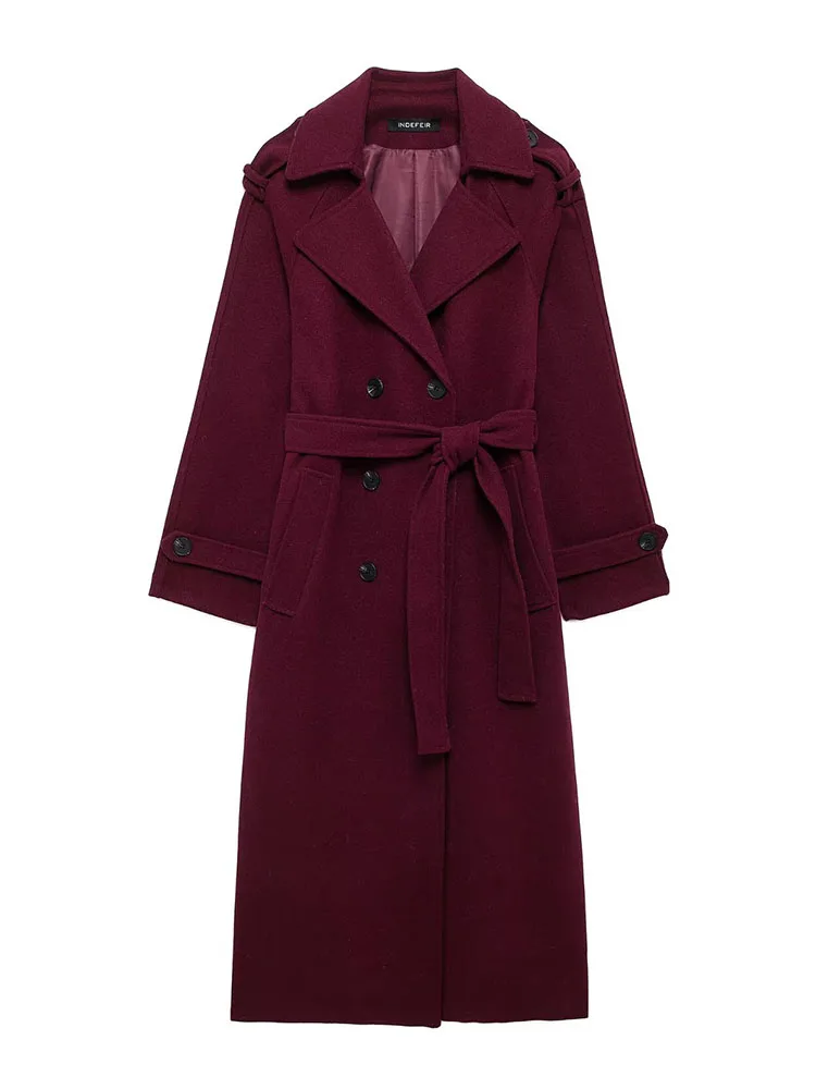 HH mujer moda solapa doble botonadura bolsillo cinturón decoración rompevientos mujer Otoño Invierno sólido Casual abrigo largo suelto