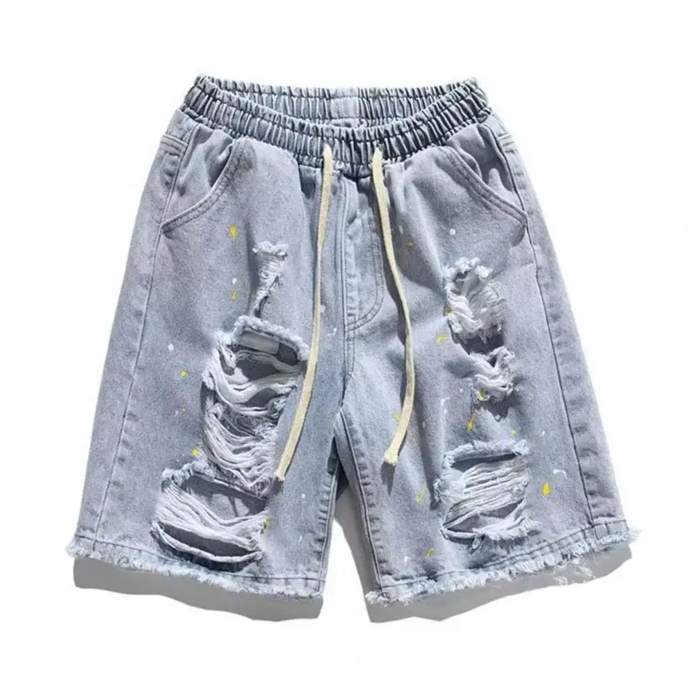 Men Tassel Embellished Shorts Men's Summer Denim Shorts with Elastic Drawstring Waistband Pockets Casual Solid Color Wide for A