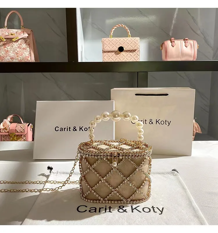 Luxury Designer Glod Metal Cage Pearl Beading Handle Handbag Women Evening Bag Wedding Party Clutch Purse Shoulder Crossbody Bag