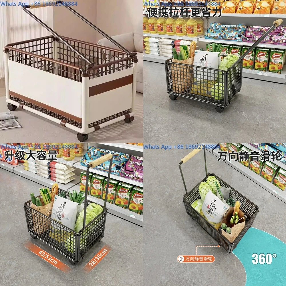 Shopping Basket with Wheels Fruit Snack Trolley Cart for Supermarket Store Utility Cart