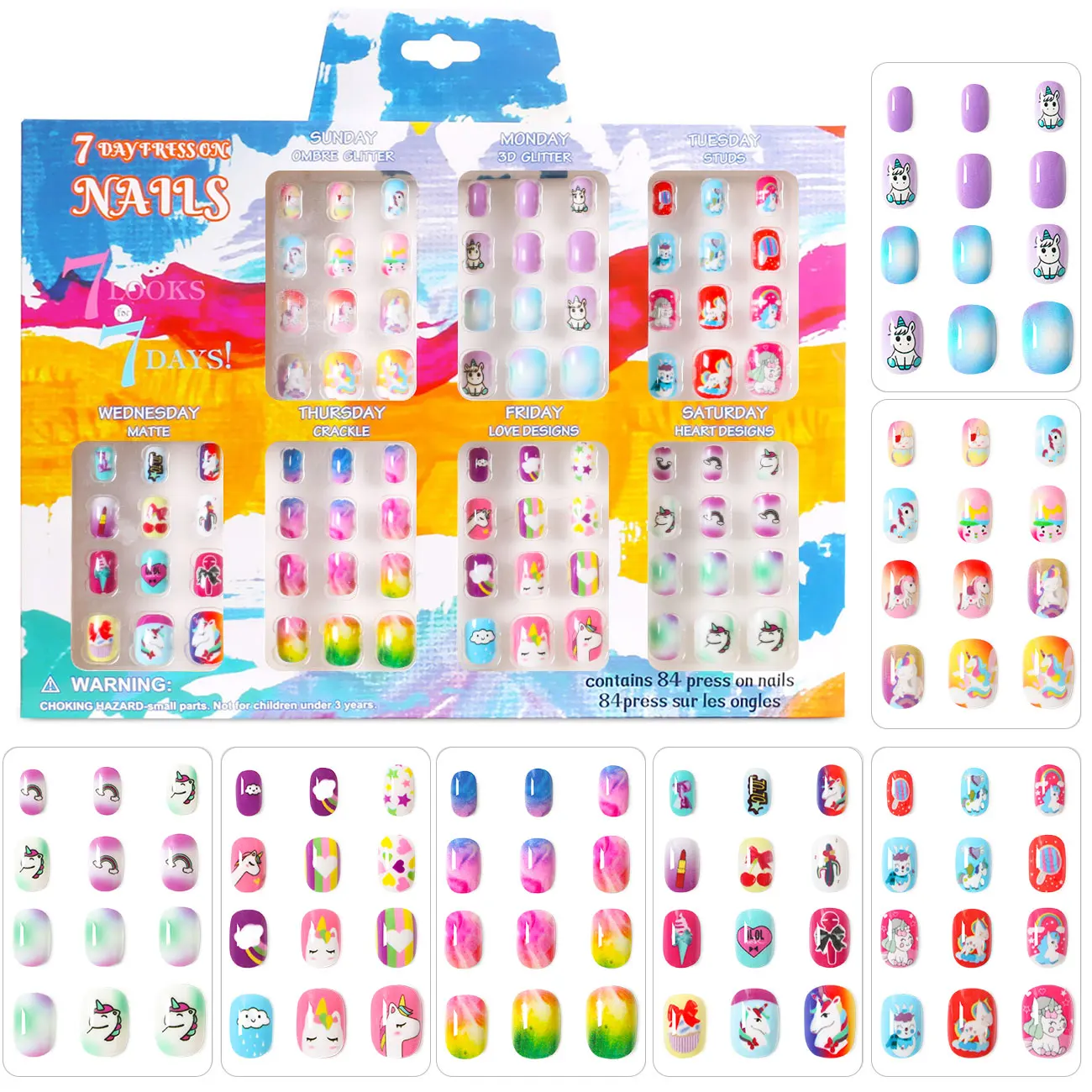 

84pcs Unicorns Kids False Nails Candy Color Cute Full Cover Fake Nail Tips Rainbow Design Press On Nails For Girls