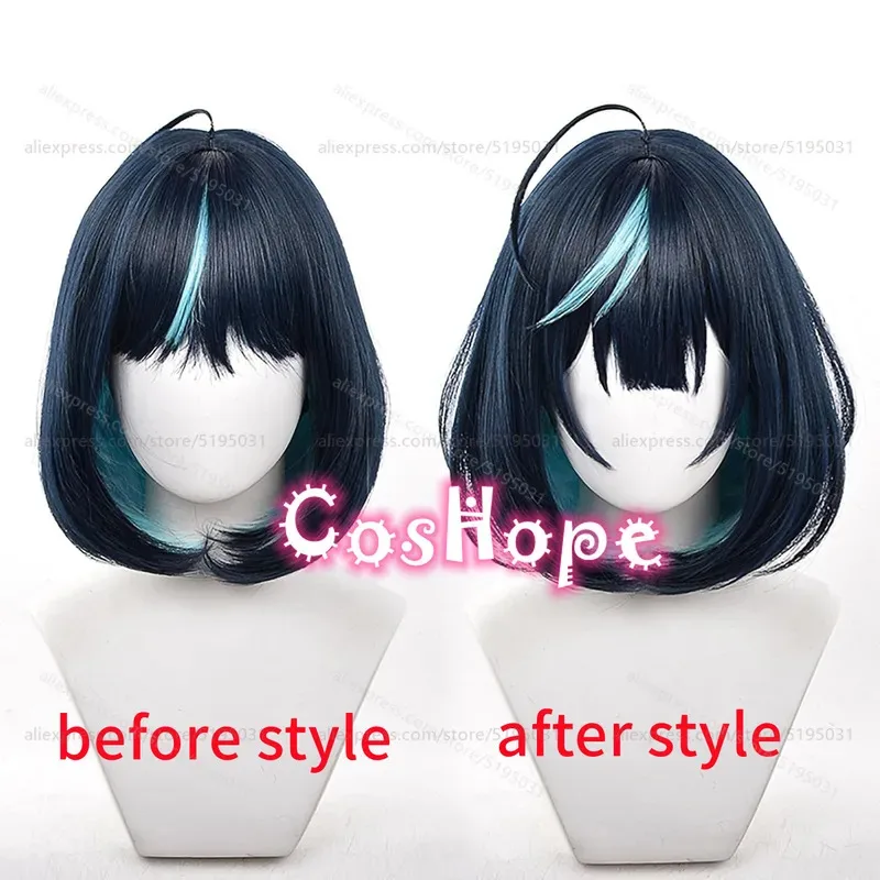 ساجيري Esu شعر مستعار تأثيري 35 سنتيمتر الشعر القصير الأزرق الداكن شعر مستعار تأثيري أنيمي تأثيري مقاومة للحرارة الشعر الاصطناعية
