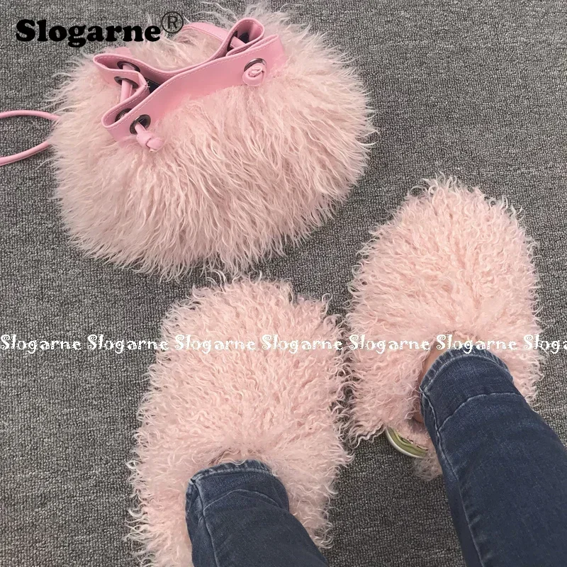 Women\'s Fashion Sets Fur Slippers Fur Handbags Woman Luxury Faux Fur Set Slides Furry Bag Purse Wallet Indoor Shoes Plus Size 49