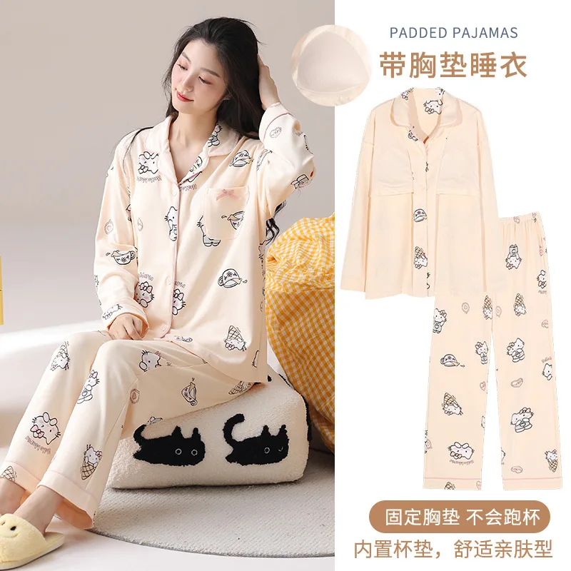 Sanrio cartoon animation Hello Kitty pajamas women\'s pure cotton pajamas with chest pads autumn long sleeves loose wearable suit